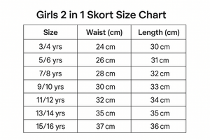 size chart girls school skort 